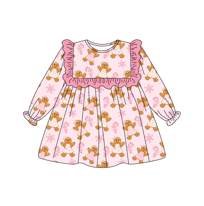 7.5 Preorder (moq 5)Baby Girls Long Ruffle Sleeves Pink Bows Gingerbread Knee Length Dress