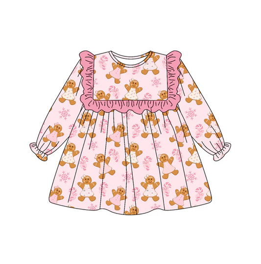 7.5 Preorder (moq 5)Baby Girls Long Ruffle Sleeves Pink Bows Gingerbread Knee Length Dress