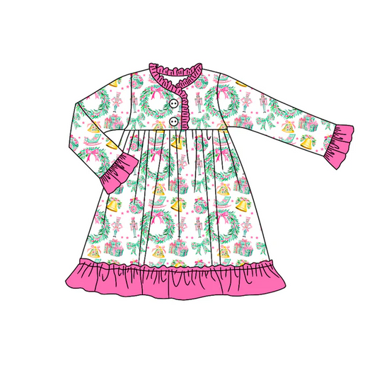 7.5 Preorder (moq 5)Baby Girls Long Sleeves Holly Soldiers Button Ruffle Knee Length Dresses