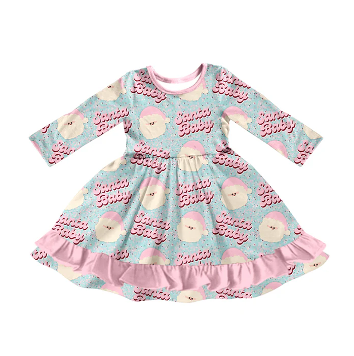 7.5 Preorder (moq 5)Baby Girls Long Sleeves Pink Santa Babe Plaid Ruffle Knee Length Dresses