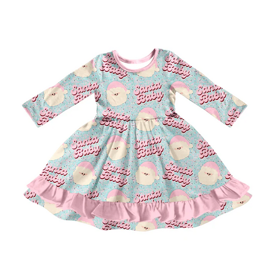 7.5 Preorder (moq 5)Baby Girls Long Sleeves Pink Santa Babe Plaid Ruffle Knee Length Dresses