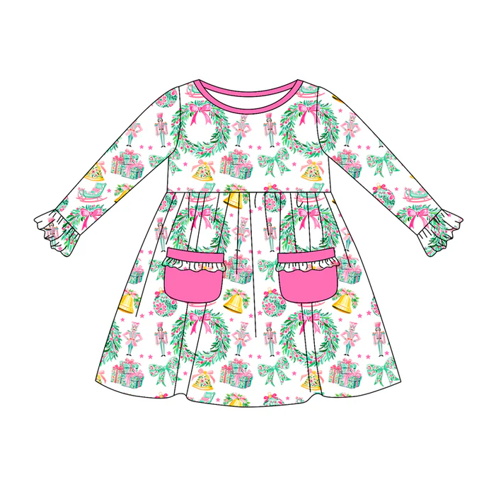 7.5 Preorder (moq 5)Baby Girls Long Ruffle Sleeves Soldiers Holly Pockets Knee Length Dress