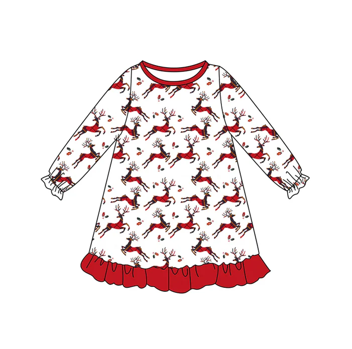 7.5 Preorder (moq 5)Baby Girls Long Sleeves Red Deer Holly Plaid Ruffle Knee Length Dresses