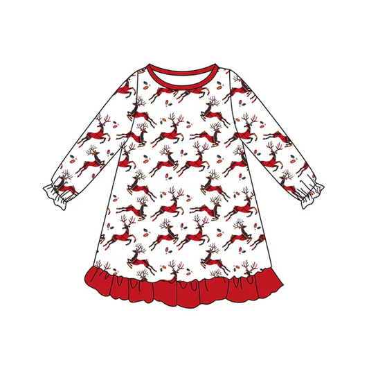 7.5 Preorder (moq 5)Baby Girls Long Sleeves Red Deer Holly Plaid Ruffle Knee Length Dresses