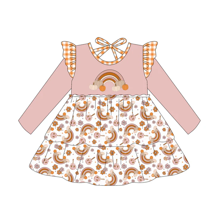7.5 Preorder (moq 5)Baby Girls Long Sleeves Rainbows Pumpkins Flowers Knee Length Dresses