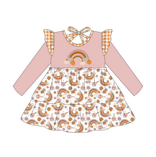 7.5 Preorder (moq 5)Baby Girls Long Sleeves Rainbows Pumpkins Flowers Knee Length Dresses