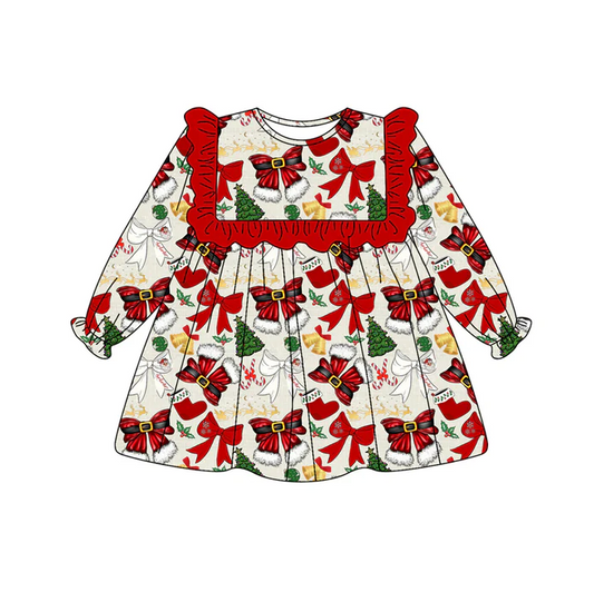7.5 Preorder (moq 5)Baby Girls Long Ruffle Sleeves Red Bows Trees Knee Length Dresses