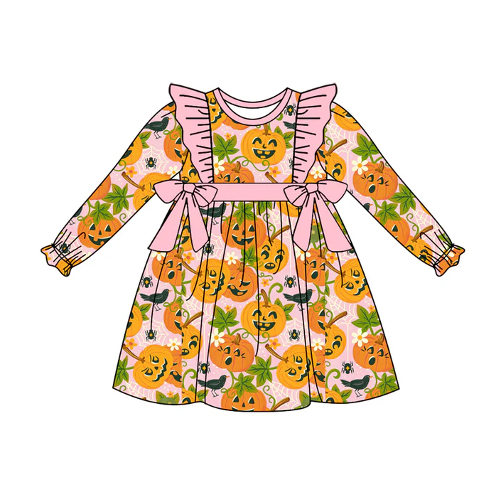 7.5 Preorder (moq 5)Baby Girls Long Ruffle Sleeves Pumpkins Bows Knee Length Dresses