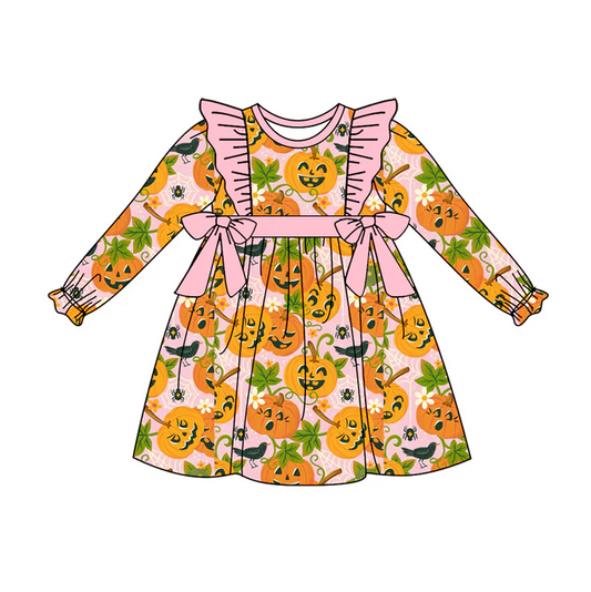 7.5 Preorder (moq 5)Baby Girls Long Ruffle Sleeves Pumpkins Bows Knee Length Dresses