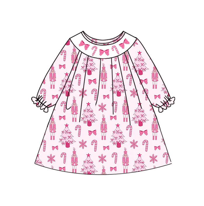 7.5 Preorder (moq 5)Baby Girls Long Sleeves Pink Bows Candy Cane Soldiers Knee Length Dresses