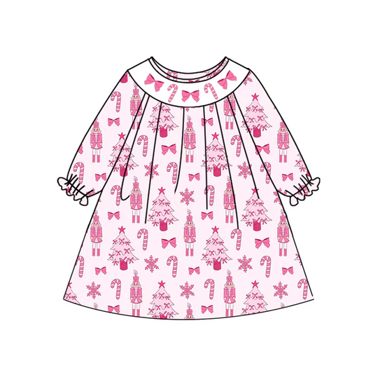 7.5 Preorder (moq 5)Baby Girls Long Sleeves Pink Bows Candy Cane Soldiers Knee Length Dresses