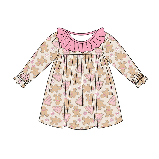 7.5 Preorder (moq 5)Baby Girls Long Sleeves Pink Gingerbread Trees Plaid Knee Length Dresses