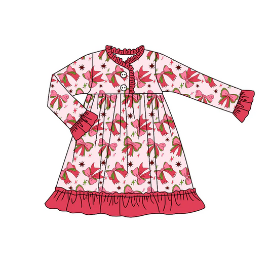 7.5 Preorder (moq 5)Baby Girls Long Sleeves Red Bows Stars Plaid Button Knee Length Dresses
