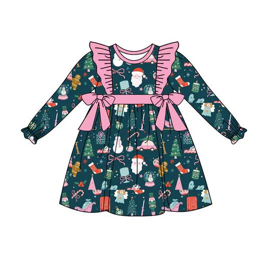 7.5 Preorder (moq 5)Baby Girls Long Ruffle Sleeves Bows Gift Santa Plaid Knee Length Dresses