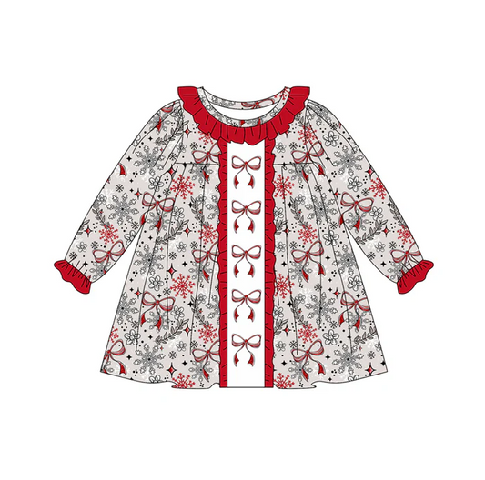 7.5 Preorder (moq 5)Baby Girls Long Ruffle Sleeves Red Bows Snowflake Knee Length Dresses