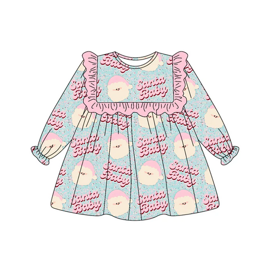 7.5 Preorder (moq 5)Baby Girls Long Ruffle Sleeves Pink Santa Babe Knee Length Dresses