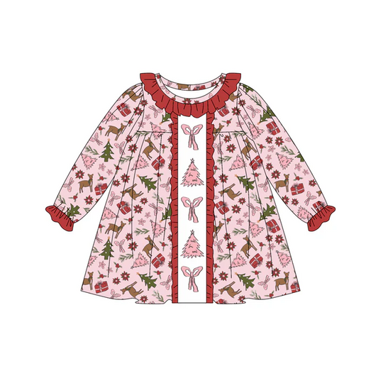 7.5 Preorder (moq 5)Baby Girls Long Ruffle Sleeves Pink Bows Trees Deer Button Knee Length Dress