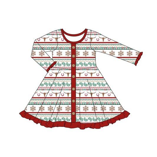7.5 Preorder (moq 5)Baby Girls Long Ruffle Sleeves Bull Skull Aztec Button Knee Length Dresses