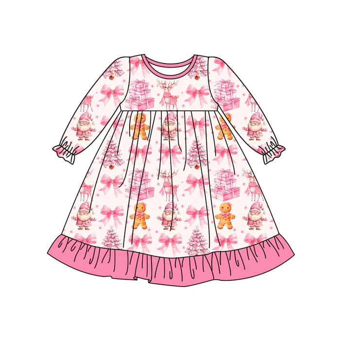 7.5 Preorder (moq 5)Baby Girls Long Ruffle Sleeves Pink Bows Gingerbread Knee Length Dresses