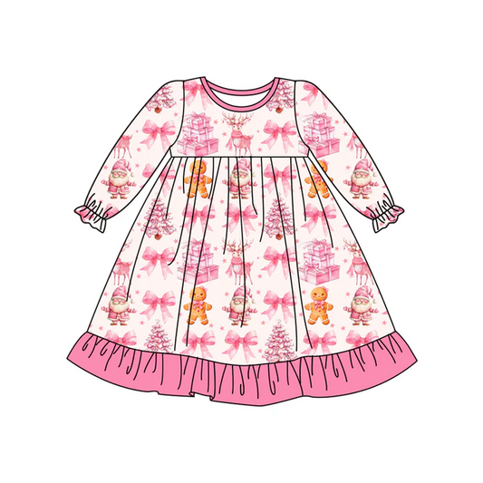 7.5 Preorder (moq 5)Baby Girls Long Ruffle Sleeves Pink Bows Gingerbread Knee Length Dresses