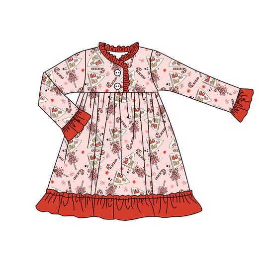 7.5 Preorder (moq 5)Baby Girls Long Ruffle Sleeves Pink Candy Cane Button Knee Length Dresses