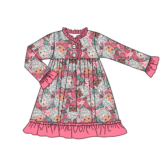 7.5 Preorder (moq 5)Baby Girls Long Ruffle Sleeves Pink Leopard Santa Button Knee Length Dresses