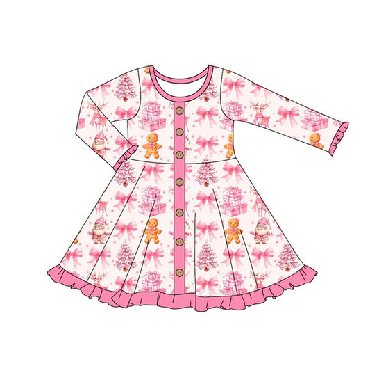 7.5 Preorder (moq 5)Baby Girls Long Ruffle Sleeves Pink Bows Gingerbread Button Knee Length Dresses