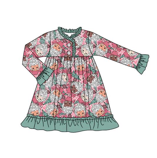 7.5 Preorder (moq 5)Baby Girls Long Ruffle Sleeves Green Leopard Santa Button Knee Length Dresses