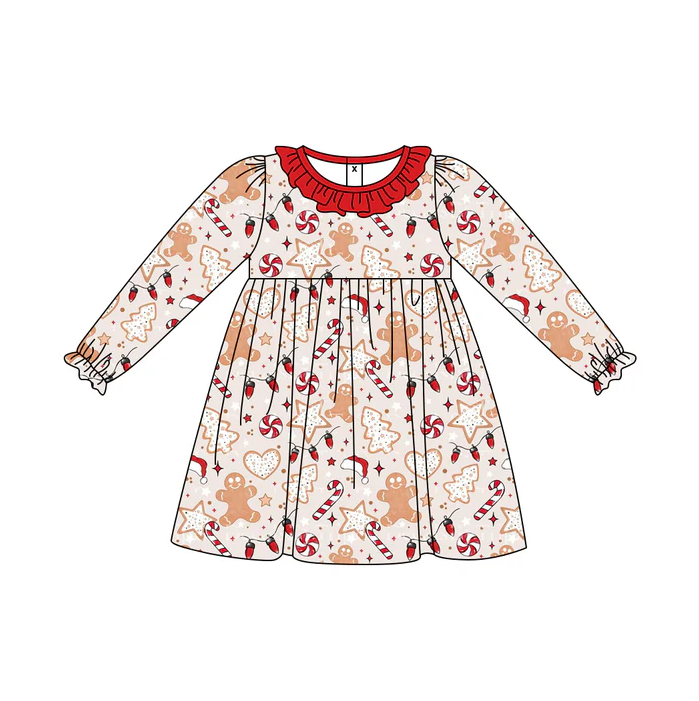 7.5 Preorder (moq 5)Baby Girls Long Ruffle Sleeves Gingerbread Candy Cane Knee Length Dresses