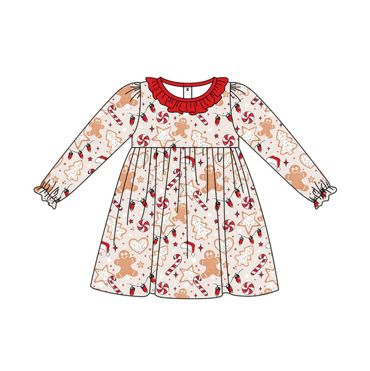 7.5 Preorder (moq 5)Baby Girls Long Ruffle Sleeves Gingerbread Candy Cane Knee Length Dresses