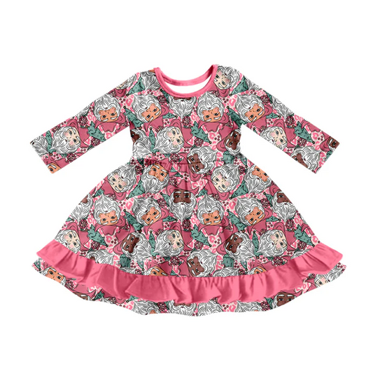 7.5 Preorder (moq 5)Baby Girls Long Sleeves Leopard Santa Plaid Pink Ruffle Knee Length Dresses