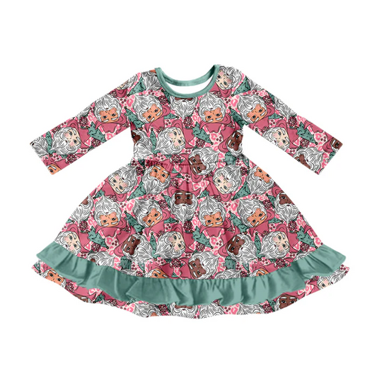 7.5 Preorder (moq 5)Baby Girls Long Sleeves Leopard Santa Plaid Green Ruffle Knee Length Dresses
