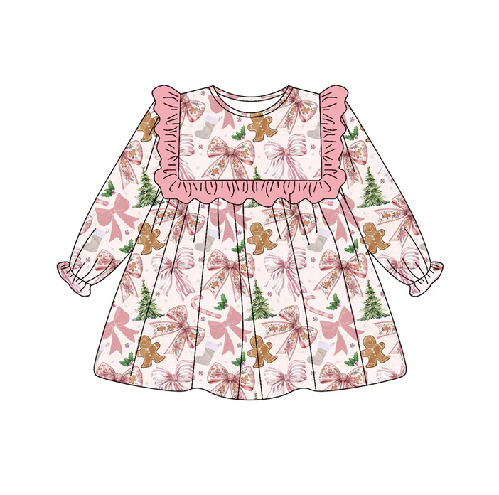 7.5 Preorder (moq 5)Baby Girls Long Sleeves Pink Bows Gingerbread Knee Length Dresses