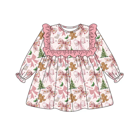 7.5 Preorder (moq 5)Baby Girls Long Sleeves Pink Bows Gingerbread Knee Length Dresses