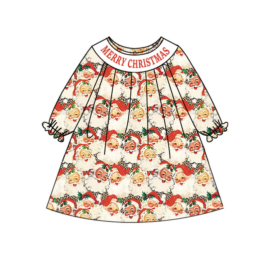 7.5 Preorder (moq 5)Baby Girls Long Sleeves Red Merry Christmas Leopard Santa Knee Length Dress