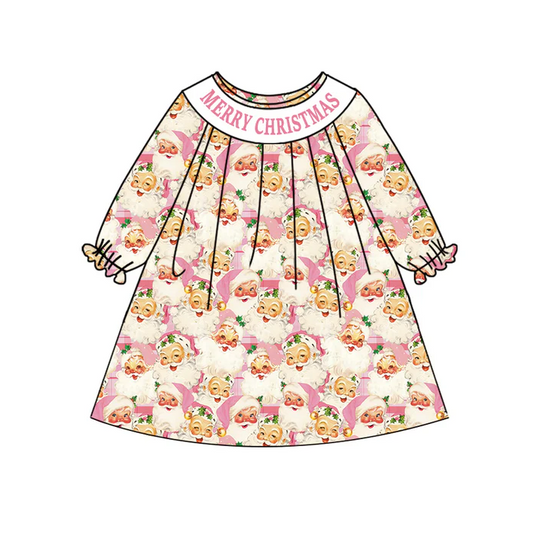7.5 Preorder (moq 5)Baby Girls Long Ruffle Sleeves Pink Merry Christmas Santa Knee Length Dress