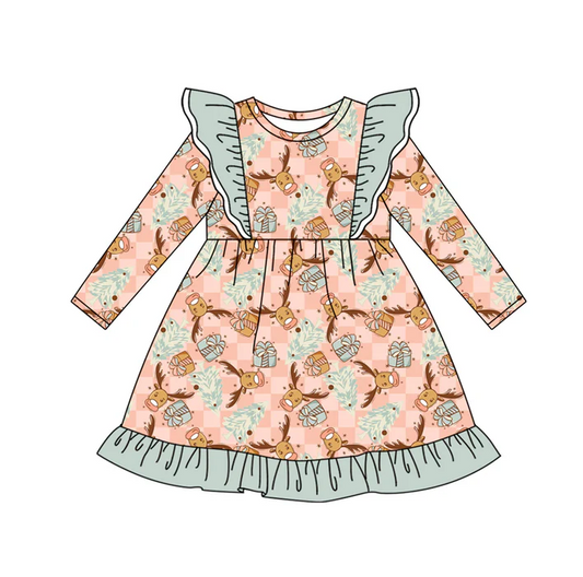7.5  Preorder (moq 5)Baby Girls Long Sleeves Trees Deer Plaid Ruffle Knee Length Dresses