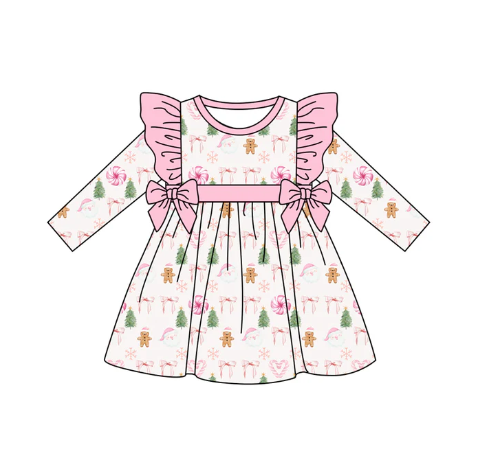 7.5  Preorder (moq 5)Baby Girls Long Sleeves Pink Bows Gingerbread Plaid Knee Length Dresses