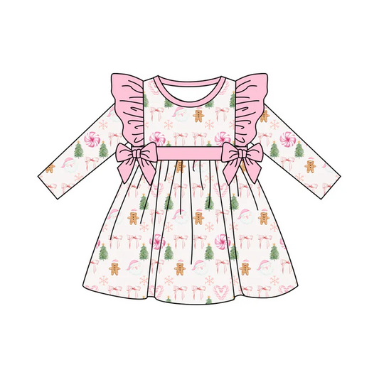 7.5  Preorder (moq 5)Baby Girls Long Sleeves Pink Bows Gingerbread Plaid Knee Length Dresses