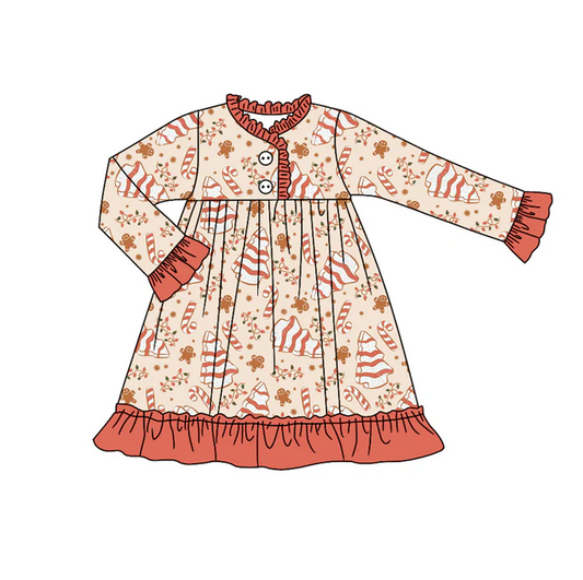 7.5  Preorder (moq 5)Baby Girls Long Ruffle Sleeves Candy Cane Trees Button Knee Length Dresses
