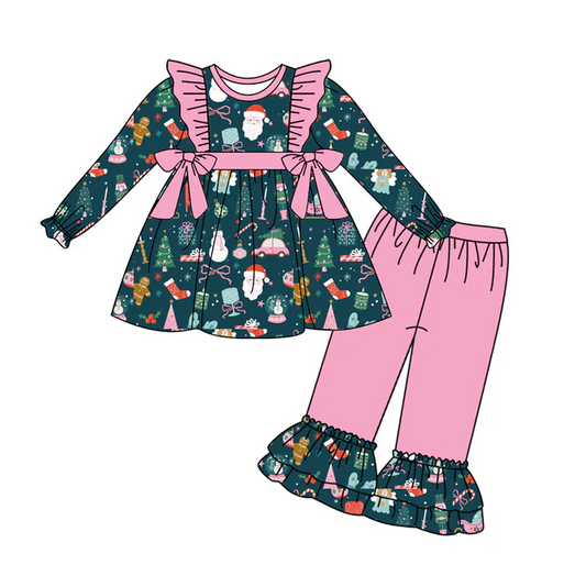 7.5 Preorder (moq 5)Baby Girls Long Sleeves Bows Santa Tunic Ruffle Pant Clothes Set