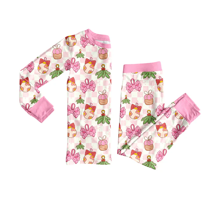 7.5 Preorder (moq 5)Baby Girls Long Sleeves Pink Plaid Holly Lights Top Pant Pajamas Clothes Set