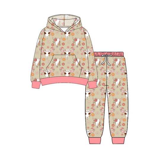 7.5 Preorder (moq 5)Baby Girls Long Sleeves Flowers Bull Skull Pockets Hoodie Pant Clothes Set