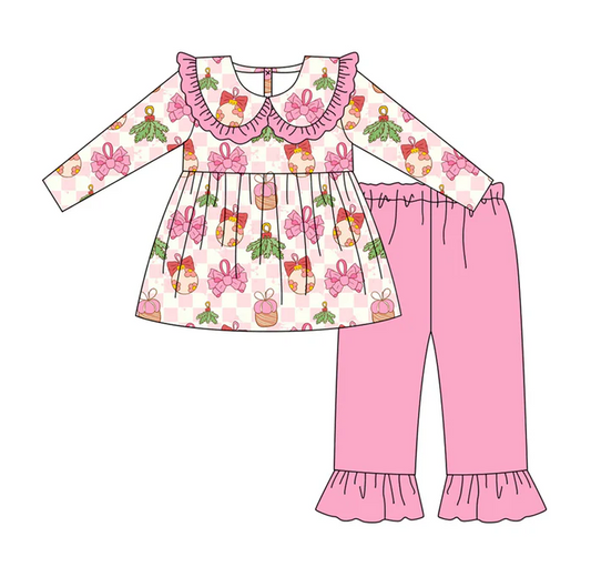 7.5Preorder (moq 5)Baby Girls Long Sleeves Pink Bows Holly Plaid Tunic Ruffle Pant Clothes Set