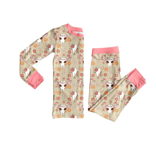 7.5 Preorder (moq 5)Baby Girls Long Sleeves Flowers Bull Skull Top Pant Pajamas Clothes Set