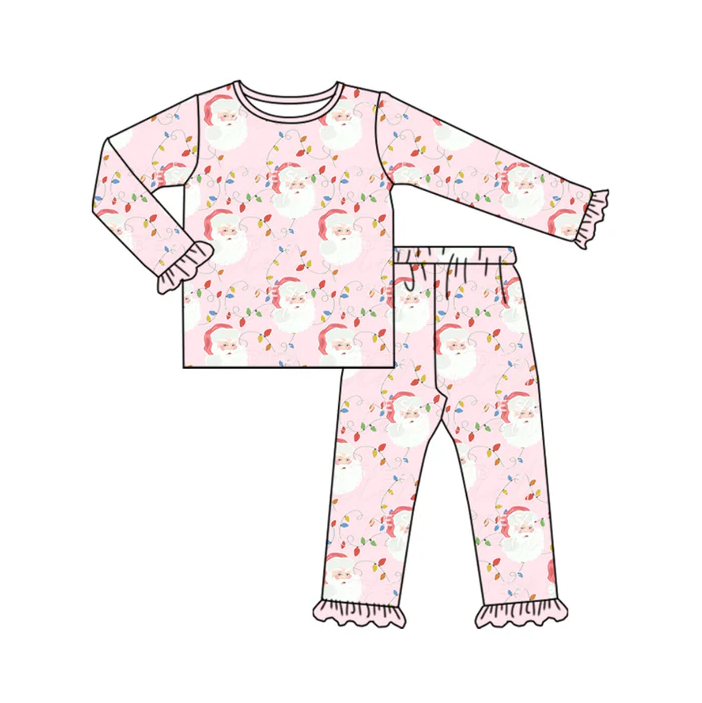 7.5 Preorder (moq 5)Baby Girls Long Sleeves Light Santa Plaid Top Ruffle Pant Pajamas Clothes Set