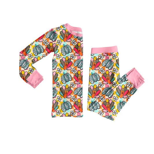 7.5 Preorder (moq 5)Baby Girls Long Sleeves Plaid Flower Turkey Top Pant Pajamas Clothes Set