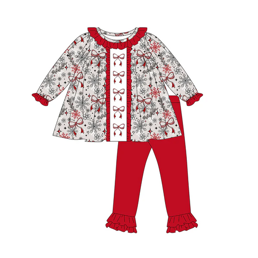 7.5 Preorder (moq 5)Baby Girls Long Sleeves Bows Snowflake Tunic Ruffle Pant Clothes Set