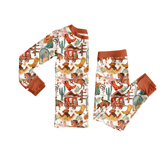 7.5 Preorder (moq 5)Baby Girls Long Sleeves Cactus Horse Rodeos Top Pant Pajamas Clothes Set