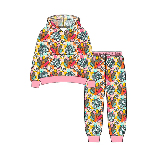 7.5 Preorder (moq 5)Baby Girls Long Sleeves Pink Plaid Flowers Turkey Pockets Hoodie Pant Clothes Set